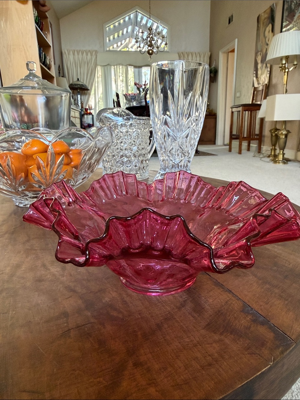 Fenton Cranberry Ruffled Glass Bowl